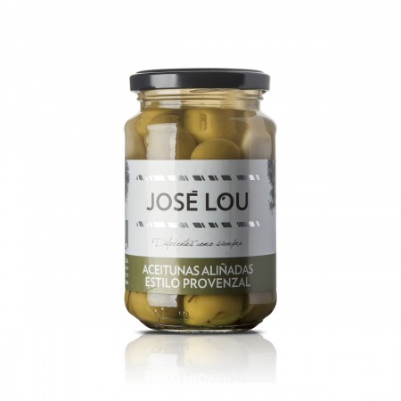 Grüne Manzanilla Oliven - Provenzalische Art - Kräuter Knoblauch - 200g - Aceitunas José Lou